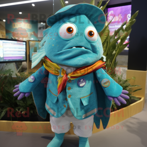 Teal Fish Tacos mascot costume character dressed with a Waistcoat and Shawl pins