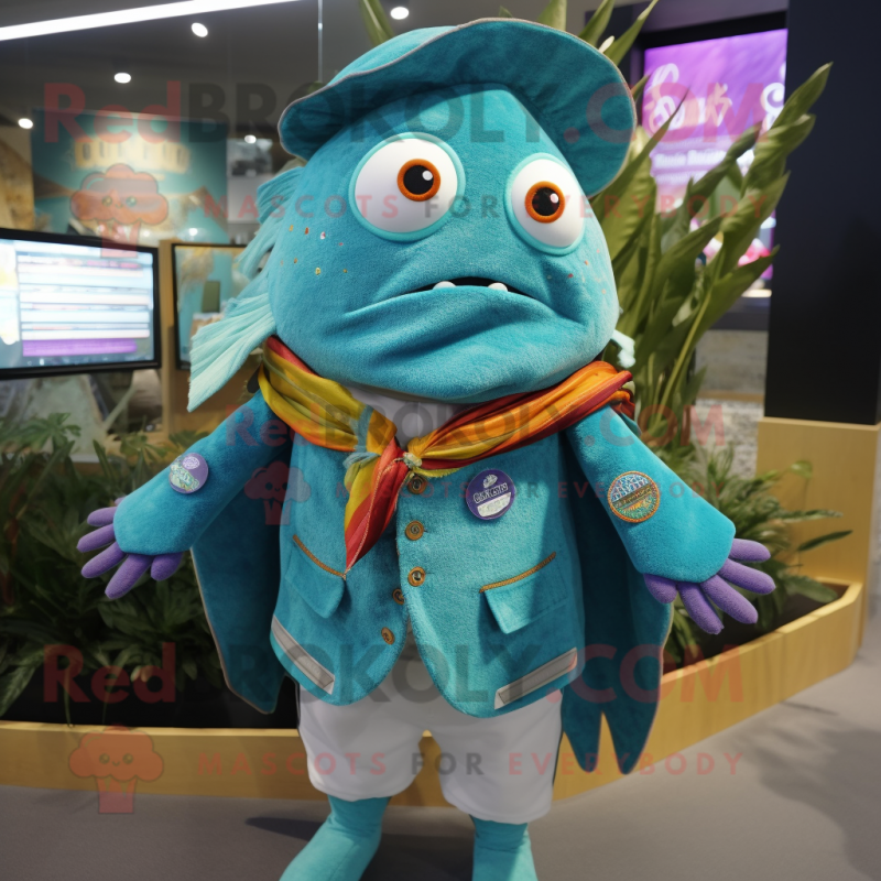 Teal Fish Tacos mascot costume character dressed with a Waistcoat and Shawl pins Teal Fish Tacos mascot costume character dressed with a Waistcoat and Shawl pins