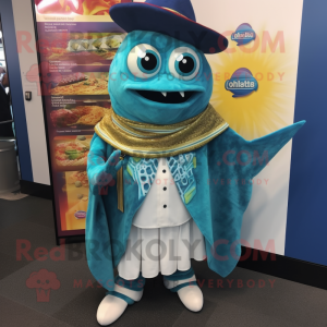 Teal Fish Tacos mascot costume character dressed with a Waistcoat and Shawl pins