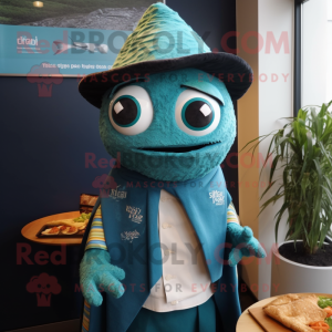 Teal Fish Tacos mascot costume character dressed with a Waistcoat and Shawl pins
