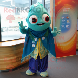 Teal Fish Tacos mascot costume character dressed with a Waistcoat and Shawl pins