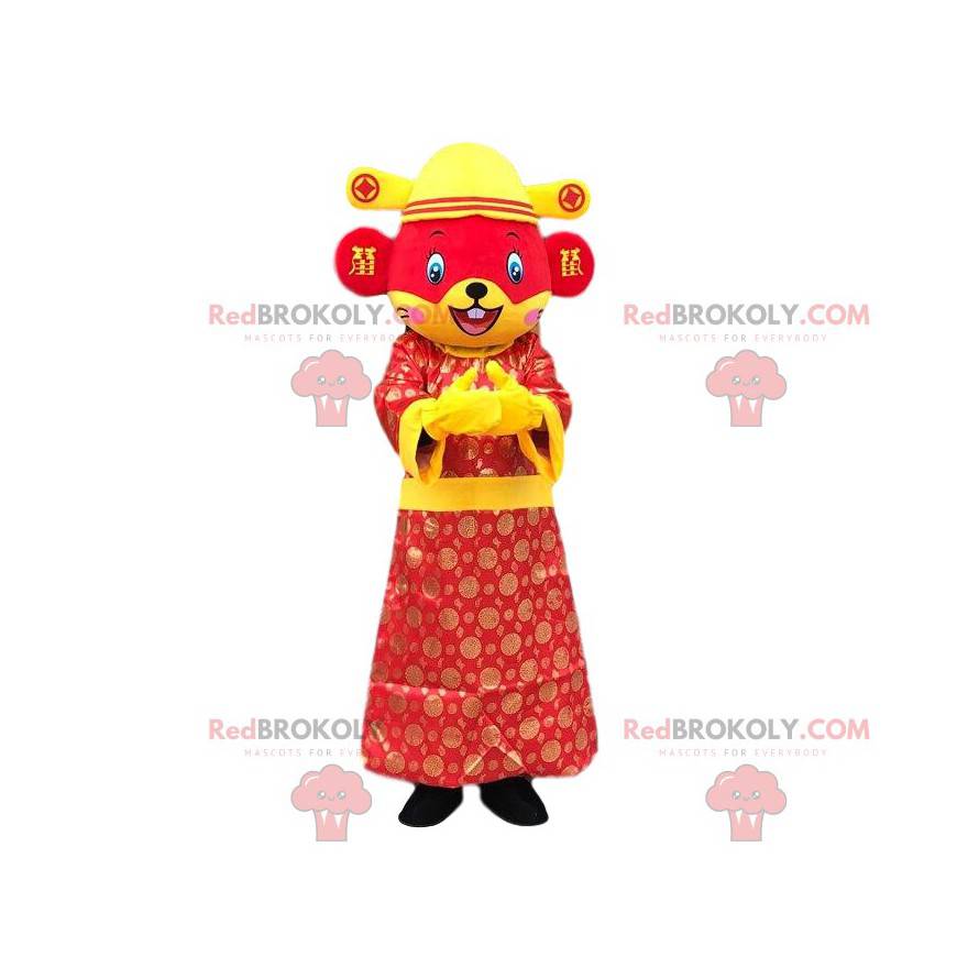Mascota del ratón rojo y amarillo vestida con un traje asiático