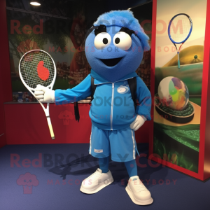 Blue Tennis Racket mascot costume character dressed with a Leather Jacket and Shawl pins