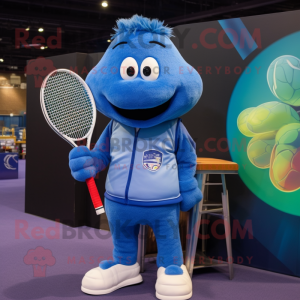 Blue Tennis Racket mascot costume character dressed with a Leather Jacket and Shawl pins