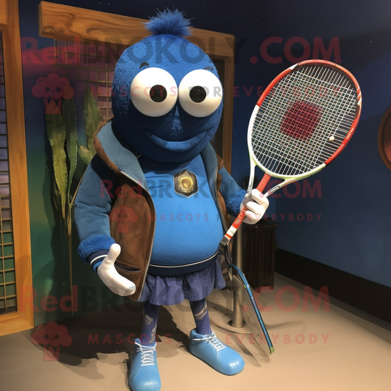 Blue Tennis Racket mascot costume character dressed with a Leather Jacket and Shawl pins