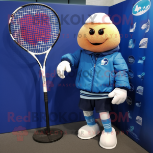 Blue Tennis Racket mascot costume character dressed with a Leather Jacket and Shawl pins