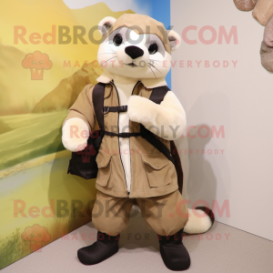 Cream Ferret mascot costume character dressed with a Parka and Suspenders