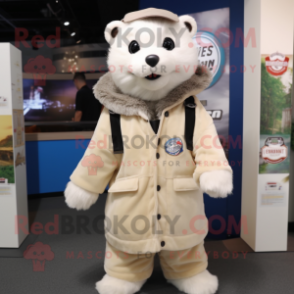 Cream Ferret mascot costume character dressed with a Parka and Suspenders