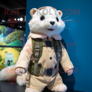 Cream Ferret mascot costume character dressed with a Parka and Suspenders