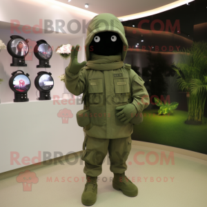 Olive Spartan Soldier mascot costume character dressed with a Parka and Cummerbunds