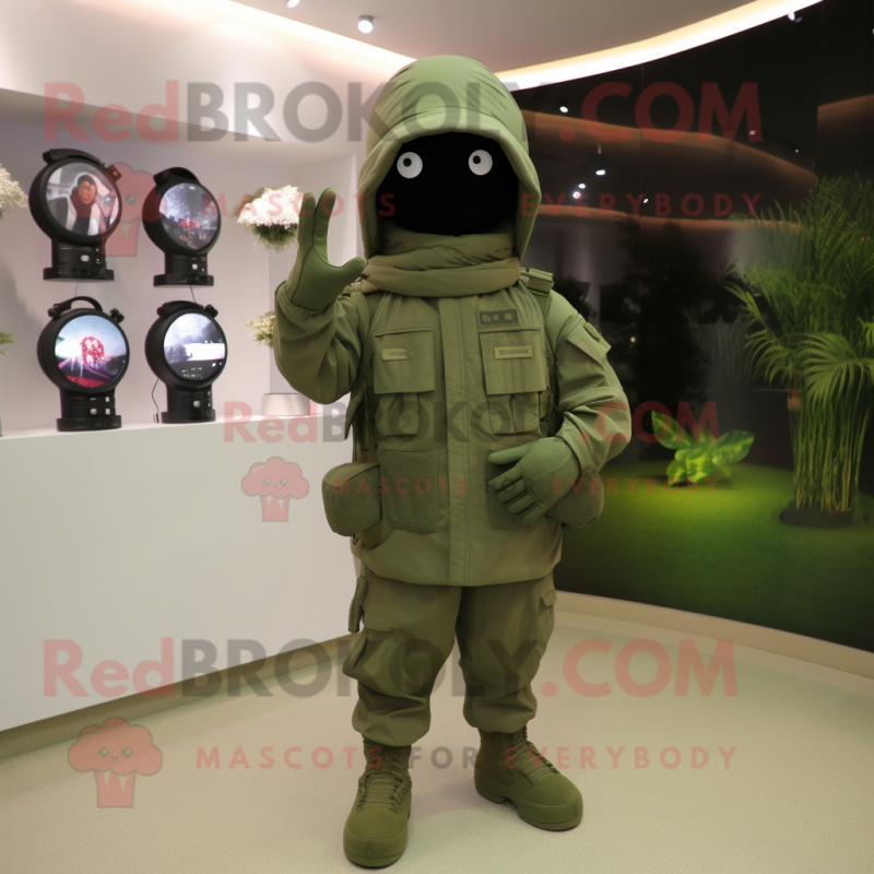 Olive Spartan Soldier mascot costume character dressed with a Parka and Cummerbunds Olive Spartan Soldier mascot costume character dressed with a Parka and Cummerbunds
