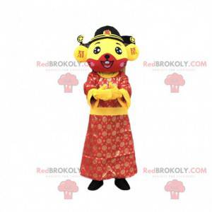 Mascote rato amarelo e vermelho vestido com túnica asiática -
