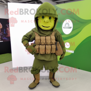 Olive Spartan Soldier mascot costume character dressed with a Parka and Cummerbunds