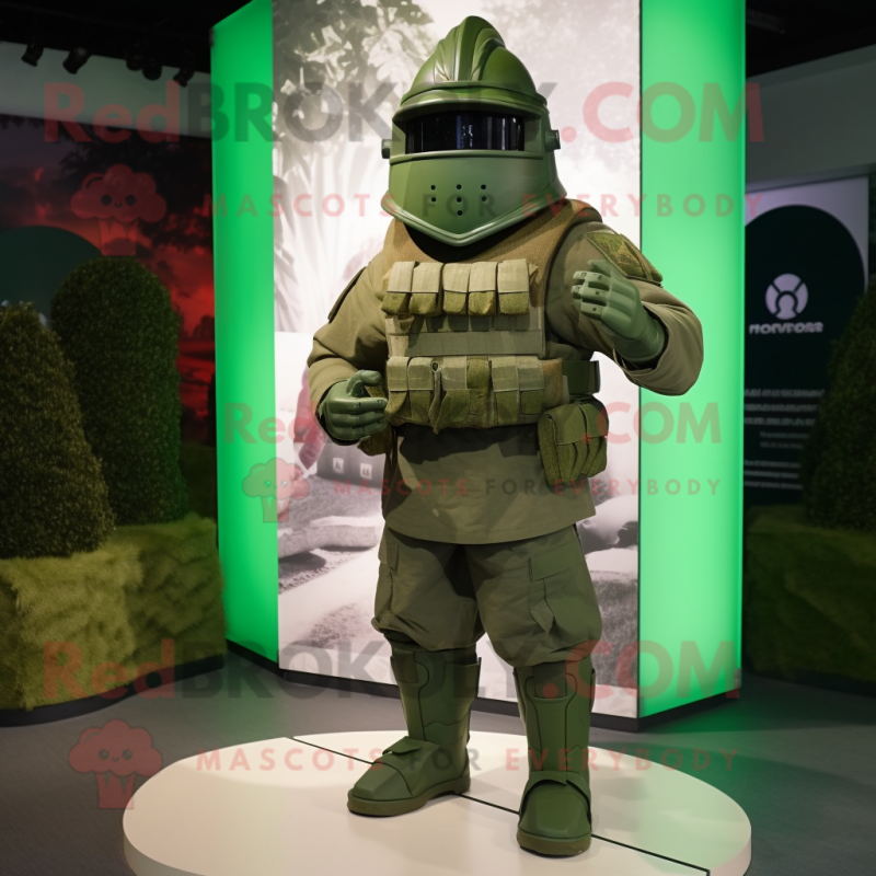 Olive Spartan Soldier mascot costume character dressed with a Parka and Cummerbunds Olive Spartan Soldier mascot costume character dressed with a Parka and Cummerbunds
