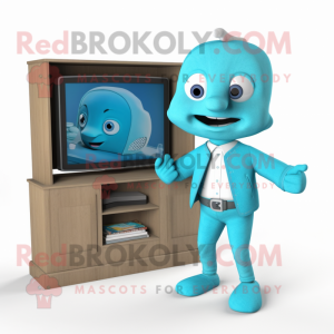 Cyan Television mascot costume character dressed with a Cardigan and Pocket squares