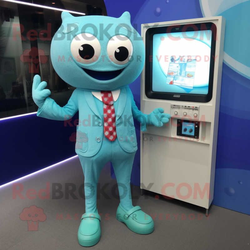 Cyan Television mascot costume character dressed with a Cardigan and Pocket squares Cyan Television mascot costume character dressed with a Cardigan and Pocket squares
