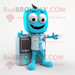 Cyan Television mascot costume character dressed with a Cardigan and Pocket squares