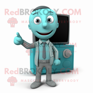 Cyan Television mascot costume character dressed with a Cardigan and Pocket squares