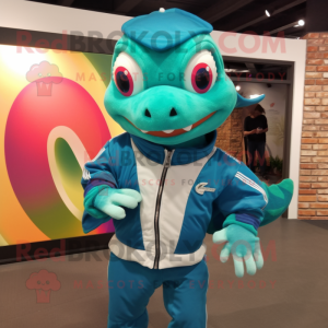 Teal Geckos mascot costume character dressed with a Windbreaker and Cummerbunds