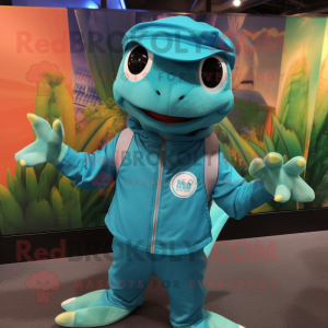 Teal Geckos mascot costume character dressed with a Windbreaker and Cummerbunds