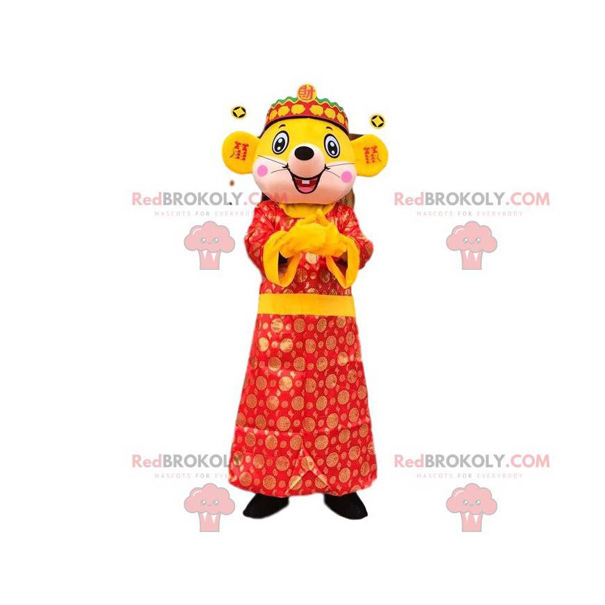 Mascote rato amarelo gigante com vestido asiático -
