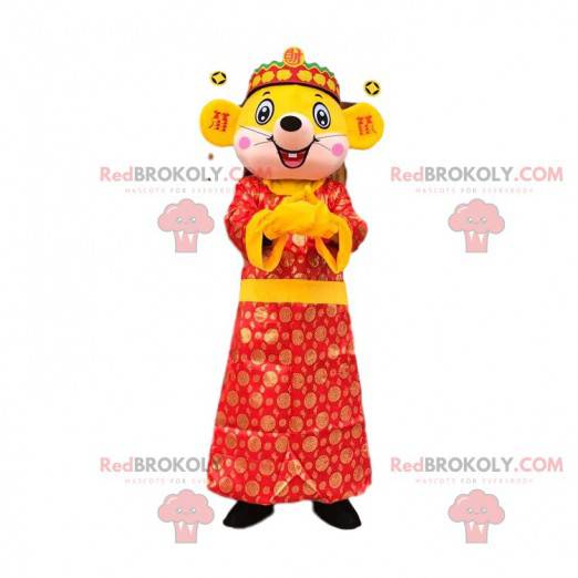 Mascotte gele muis, reus gekleed in een Aziatische jurk -