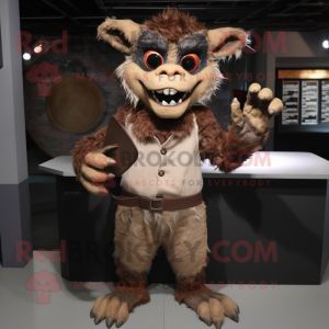 Brown Gargoyle mascot costume character dressed with a Henley Shirt and Gloves