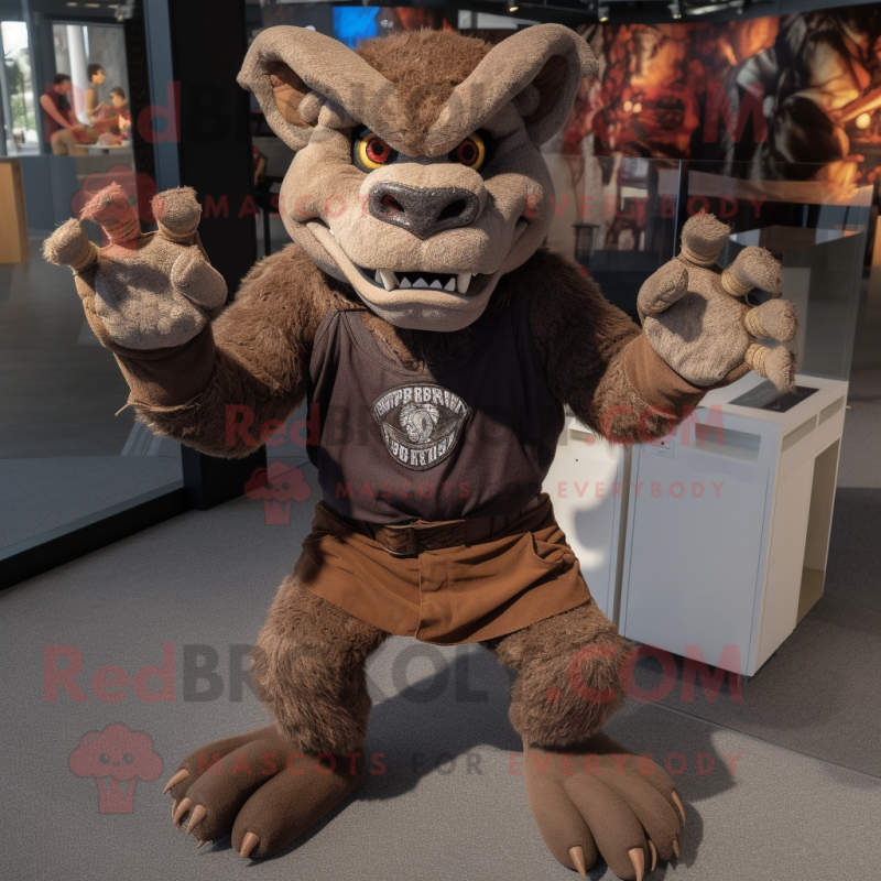 Brown Gargoyle mascot costume character dressed with a Henley Shirt and Gloves