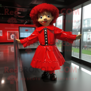 Red Irish Dancer mascot costume character dressed with a Raincoat and Briefcases