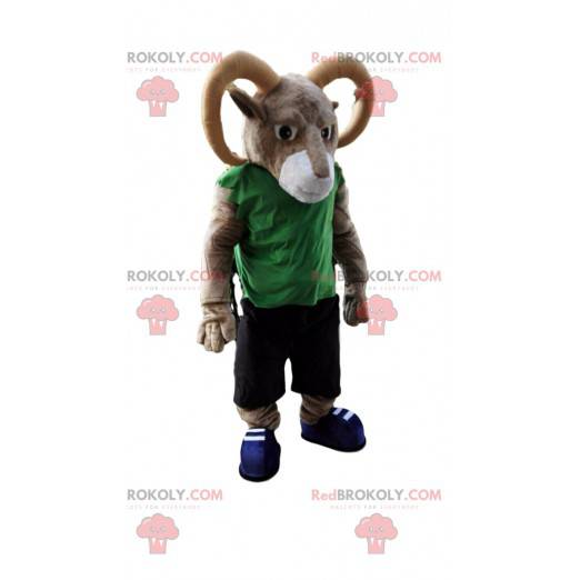 Brun og hvid ram maskot med store horn - Redbrokoly.com