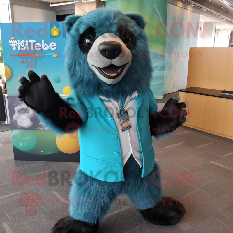 Teal Sloth Bear mascot costume character dressed with a T-Shirt and Lapel pins Teal Sloth Bear mascot costume character dressed with a T-Shirt and Lapel pins