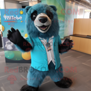 Teal Sloth Bear mascot costume character dressed with a T-Shirt and Lapel pins