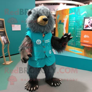 Teal Sloth Bear mascot costume character dressed with a T-Shirt and Lapel pins