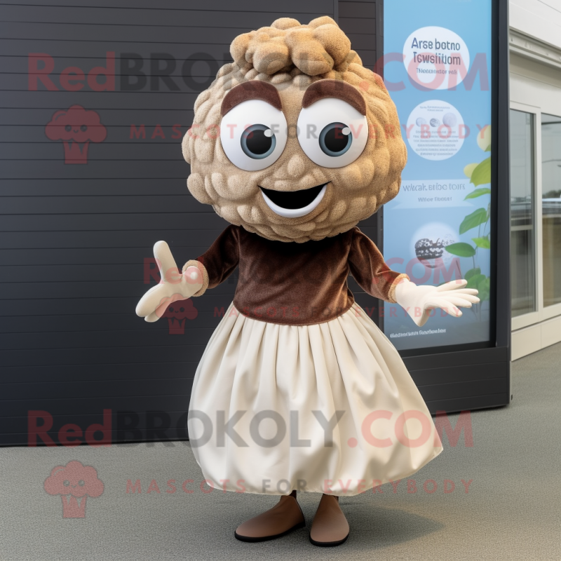 Brown Oyster mascot costume character dressed with a Shift Dress and Gloves