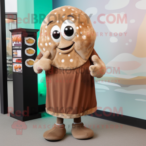 Brown Oyster mascot costume character dressed with a Shift Dress and Gloves