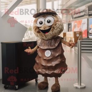 Brown Oyster mascot costume character dressed with a Shift Dress and Gloves