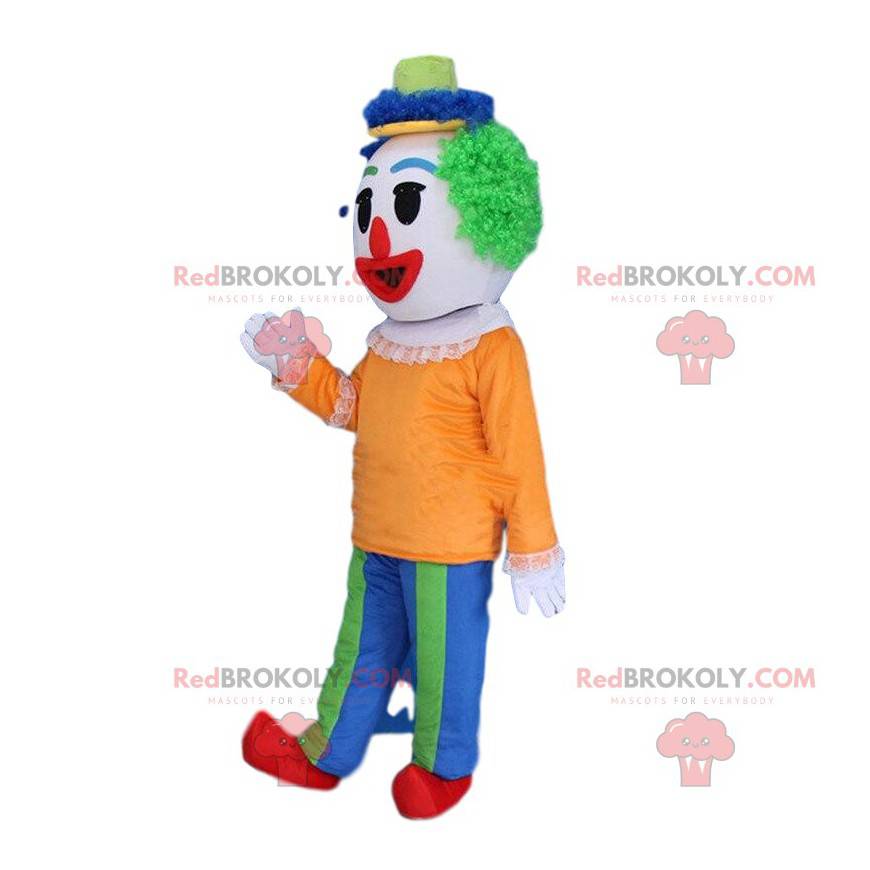 Mascotte de clown multicolore avec une perruque verte -