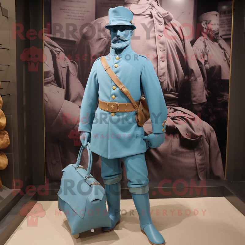 Cyan Civil War Soldier mascot costume character dressed with a Trousers and Handbags Cyan Civil War Soldier mascot costume character dressed with a Trousers and Handbags