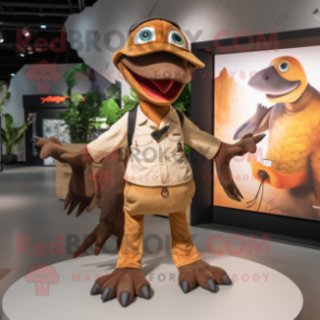 Brown Pterodactyl mascot costume character dressed with a Polo Shirt and Caps