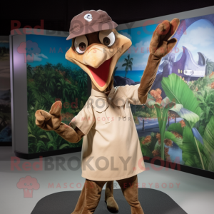 Brown Pterodactyl mascot costume character dressed with a Polo Shirt and Caps