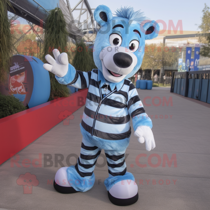 Sky Blue Zebra mascot costume character dressed with a Flannel Shirt and Foot pads