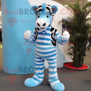 Sky Blue Zebra mascot costume character dressed with a Flannel Shirt and Foot pads