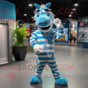 Sky Blue Zebra mascot costume character dressed with a Flannel Shirt and Foot pads