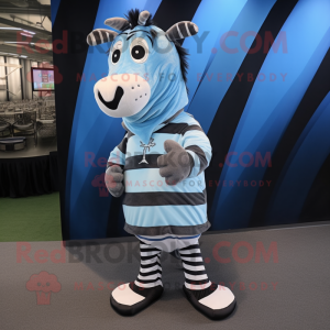 Sky Blue Zebra mascot costume character dressed with a Flannel Shirt and Foot pads