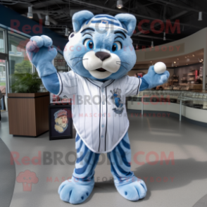 Sky Blue Tiger mascot costume character dressed with a Baseball Tee and Necklaces