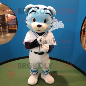 Sky Blue Tiger mascot costume character dressed with a Baseball Tee and Necklaces
