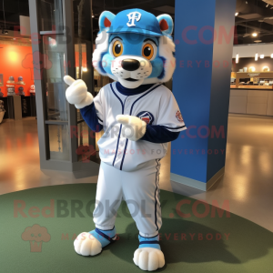 Sky Blue Tiger mascot costume character dressed with a Baseball Tee and Necklaces