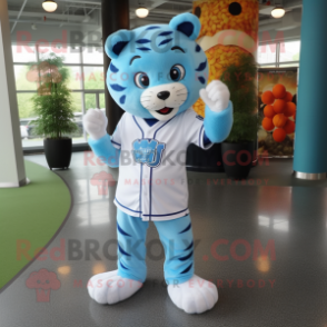 Sky Blue Tiger mascot costume character dressed with a Baseball Tee and Necklaces