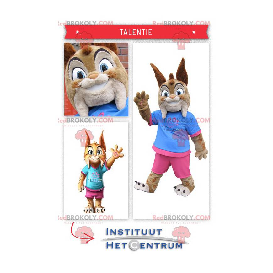 Mascot cute little lynx dressed in pink and blue -