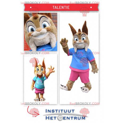 Mascot cute little lynx dressed in pink and blue -